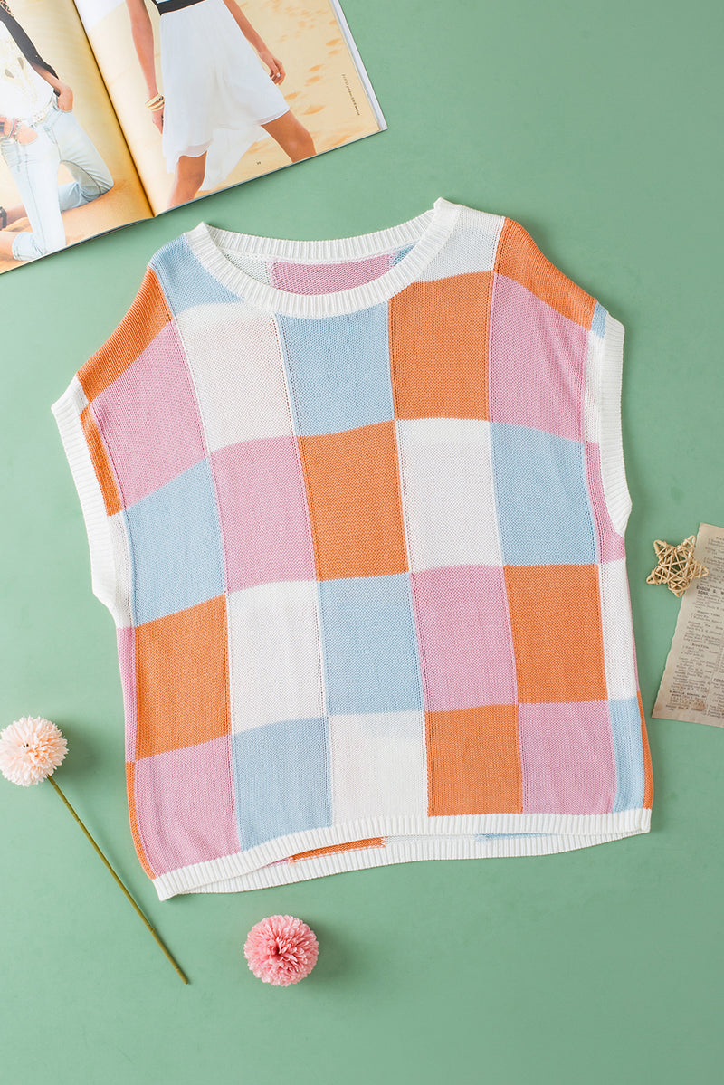Fiery Red Checkered Color Block Cap Sleeve Knitted Top