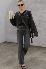 Black Chest Pocket Drop Shoulder Hooded Denim Jacket