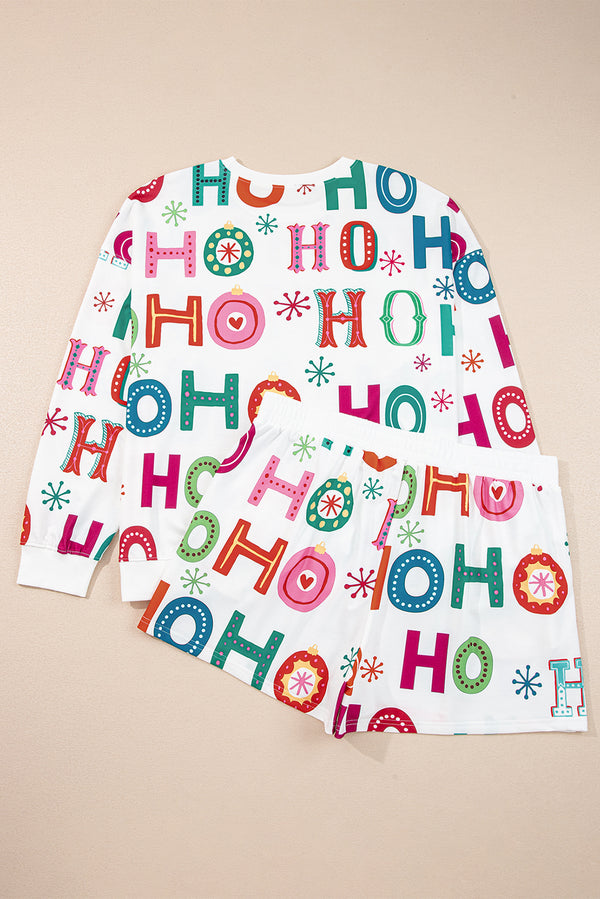 White Plus Size Christmas Ho Ho Ho Print Long Sleeve Top and Shorts Pajama Set