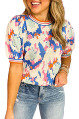 Apricot Abstract Pattern Contrast Striped Trim Short Sleeve Sweater