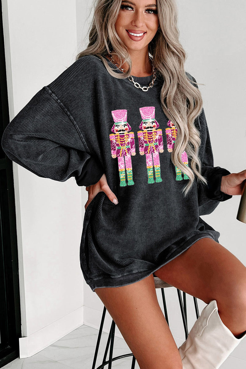 Pink Nutcracker Graphic Sequins Patch Mineral Wash Corded Sweatshirt