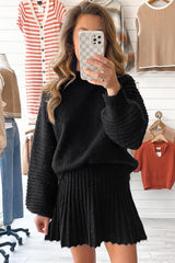 Black High Neck Puff Sleeve Sweater Pleated Mini Skirt 2pcs Knitted Outfit