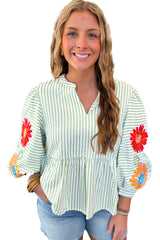 Green Stripe Flower Puff Sleeve Notch Neck Babydoll Blouse
