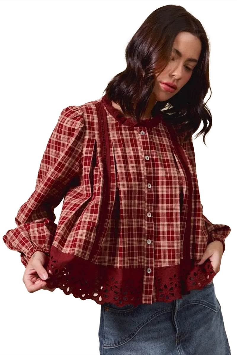 Red Dahlia Plaid Lace Hem Button Down Shirt