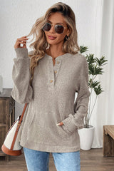 Clearly Aqua Ribbed Texture Drop Shoulder Henley Knit Top