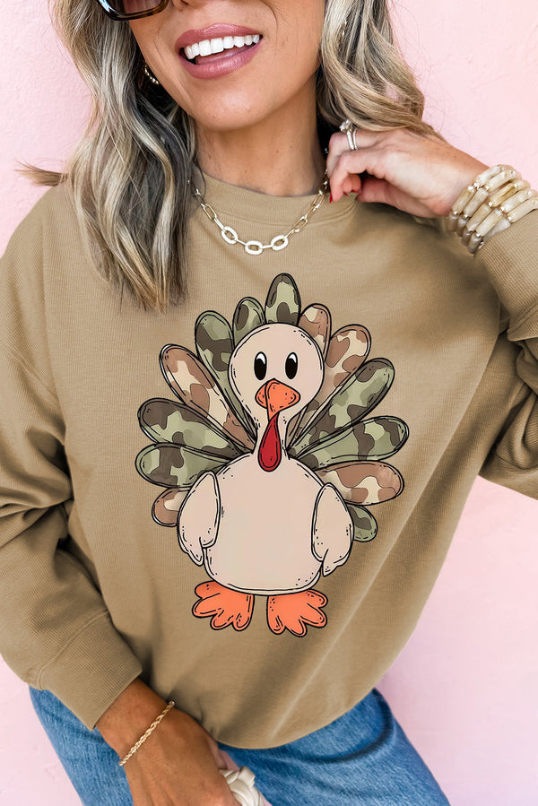 Khaki Camouflage Turkey Heat Transfer Printing Graphic Sweatshirt