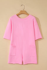 Pink Solid Color Raw Edge Half Sleeve Pocketed Loose Romper