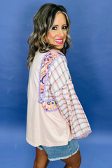 Delicacy Ricrac Trim Floral Plaid Patchwork Puff Sleeve Top