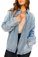 Myosotis Elastic Hem Collared Zip Up Denim Jacket