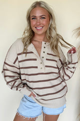 Brown Striped Exposed Seam Loose Henley Sweater