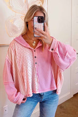 Pink Mixed Texture Waffle Floral Patchwork Hooded Oversized Pullover Top