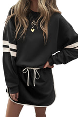 Fiery Red Varsity Stripe Detail Drop Shoulder Pullover Mini Skirt Set
