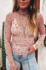 Pink Floral Print Mesh Slim Fit Long Sleeve Top