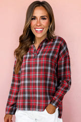 Red Plaid Print Collared V Neck Loose Blouse with Side Slits