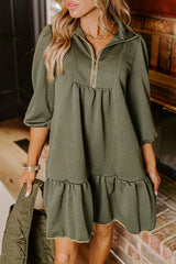 Jungle Green  Quarter Zip Collar Bracelet Sleeve Textured Mini Dress