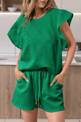 Black Textured Ruffle Sleeve Tee and Drawstring Shorts Set