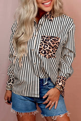 Black Leopard and Striped Patchwork Button Shirt