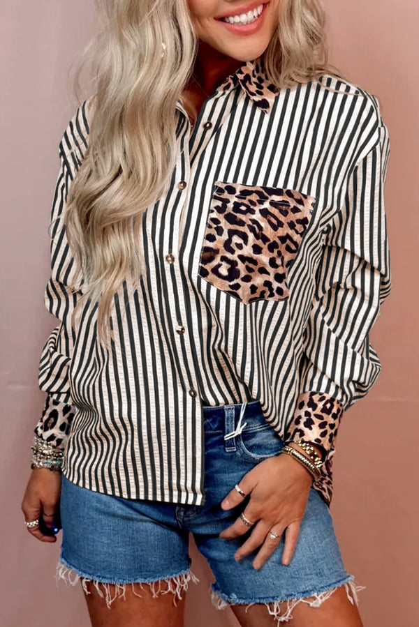 Black Leopard and Striped Patchwork Button Shirt