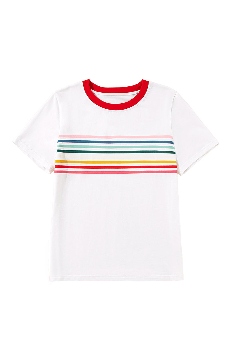 White Rainbow Stripe Print Crewneck T Shirt