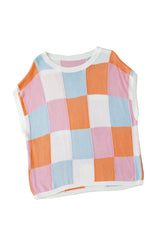 Fiery Red Checkered Color Block Cap Sleeve Knitted Top