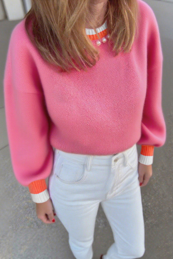 Sachet Pink Contrast Collar Pearl Decor Sweater