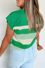 Green Stripe Mixed Print Crew Neck Cap Sleeve T Shirt
