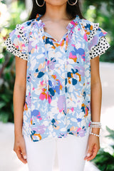 Light Blue Floral Print Ruffle Flutter Sleeve V Neck Blouse