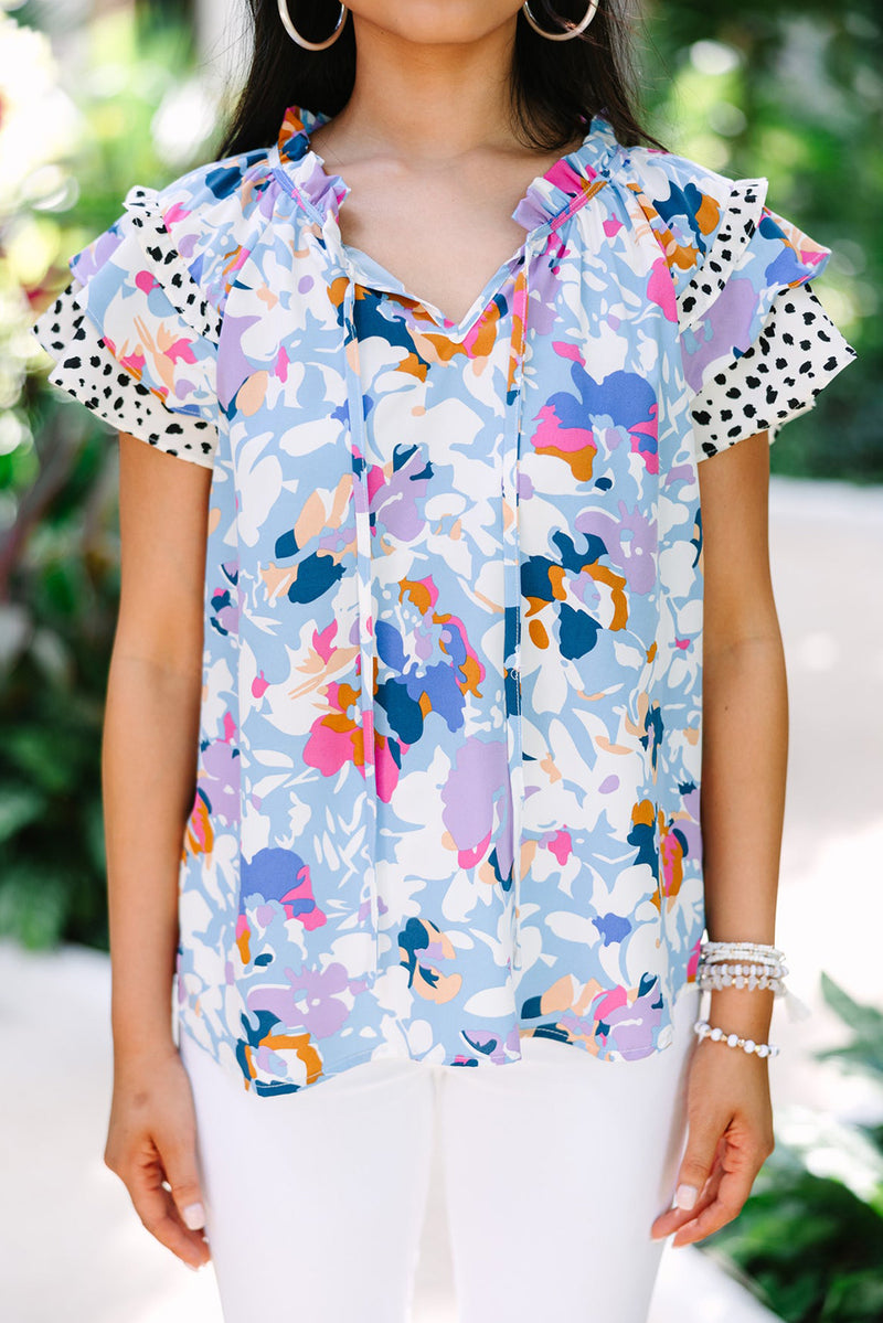 Light Blue Floral Print Ruffle Flutter Sleeve V Neck Blouse