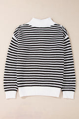 Sky Blue Stripe Zip up Collar Drop Shoulder Sweater