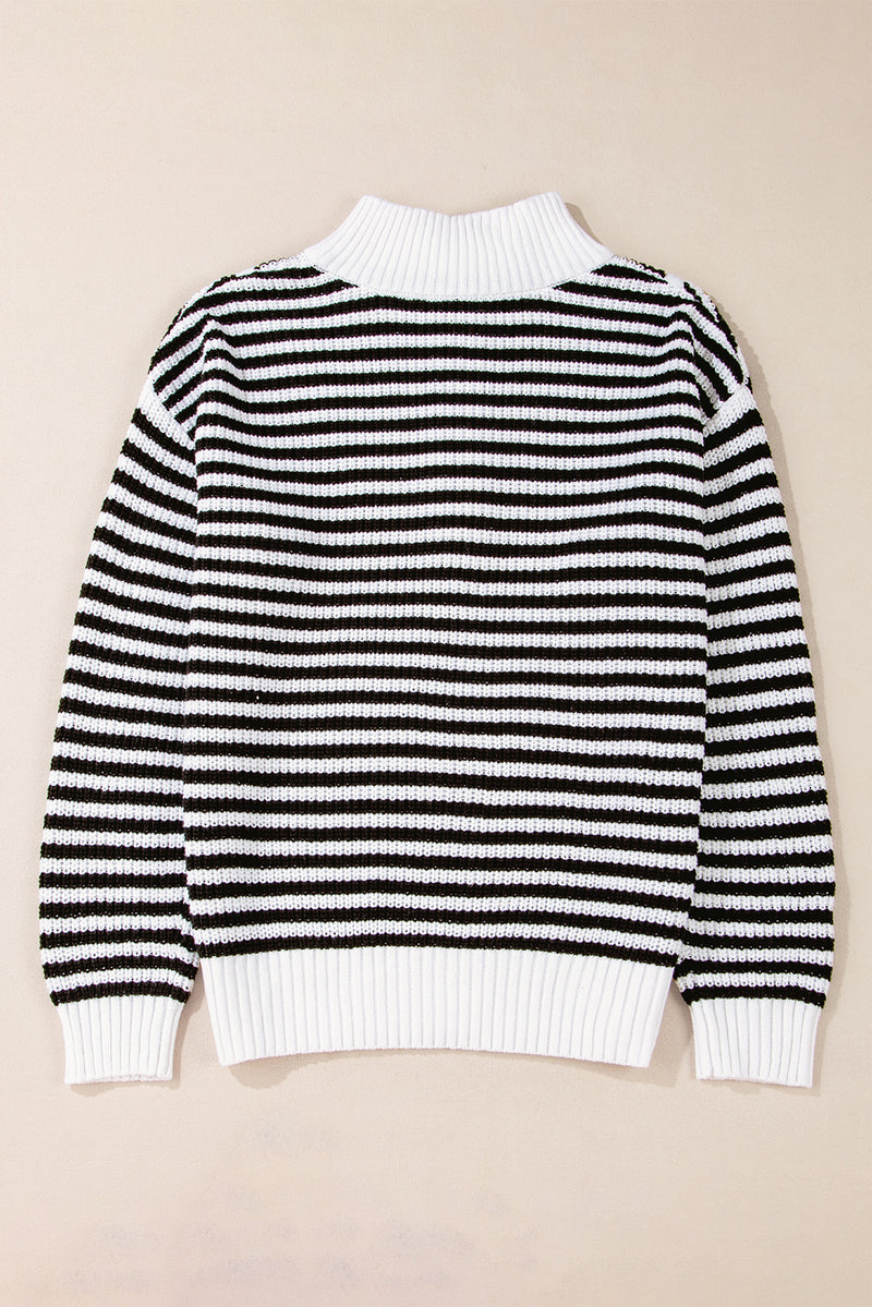 Sky Blue Stripe Zip up Collar Drop Shoulder Sweater