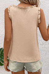Parchment Frill Trim V Neck Crinkled Sleeveless Top