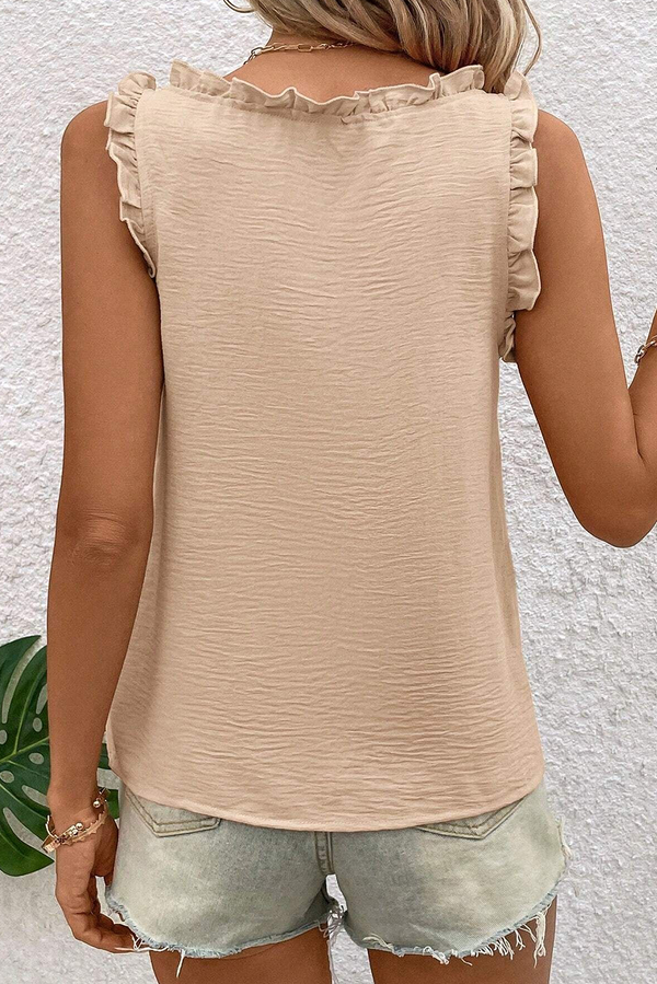 Parchment Frill Trim V Neck Crinkled Sleeveless Top