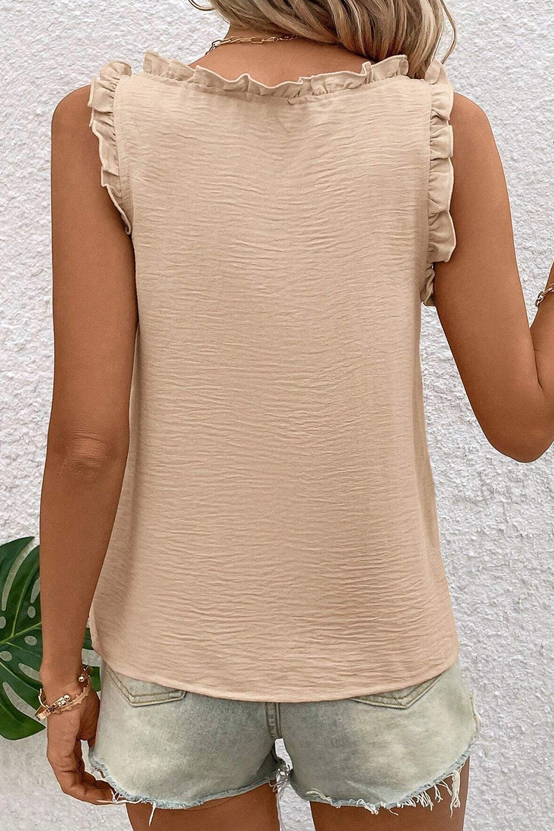 Parchment Frill Trim V Neck Crinkled Sleeveless Top