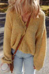 Light French Beige Lantern Sleeve Scallop V Neck Buttoned Front Cardigan