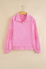 Yellow Cream Embroidered Flower Patchwork Snap Buttons Pullover Sweatshirt