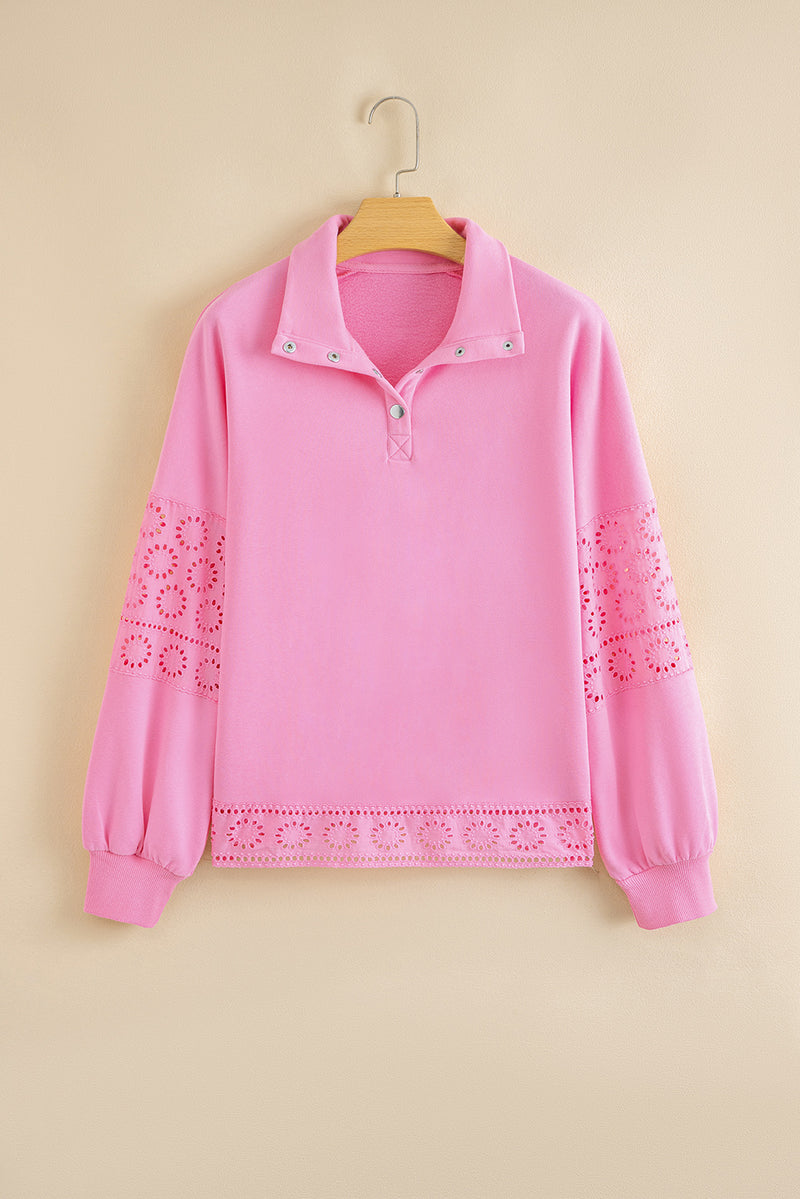 Yellow Cream Embroidered Flower Patchwork Snap Buttons Pullover Sweatshirt