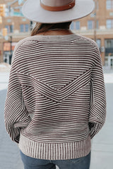 Light French Beige Striped Print Ribbed Knit Raglan Sleeve Baggy Sweater