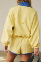 Yellow Colorblock Patchwork Half Button Pullover and Shorts Outfit