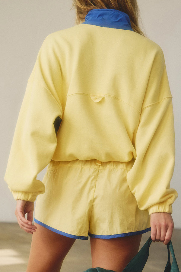 Yellow Colorblock Patchwork Half Button Pullover and Shorts Outfit