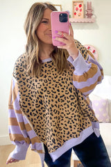 Purple Striped Leopard Colorblock Side Slits Sweatshirt