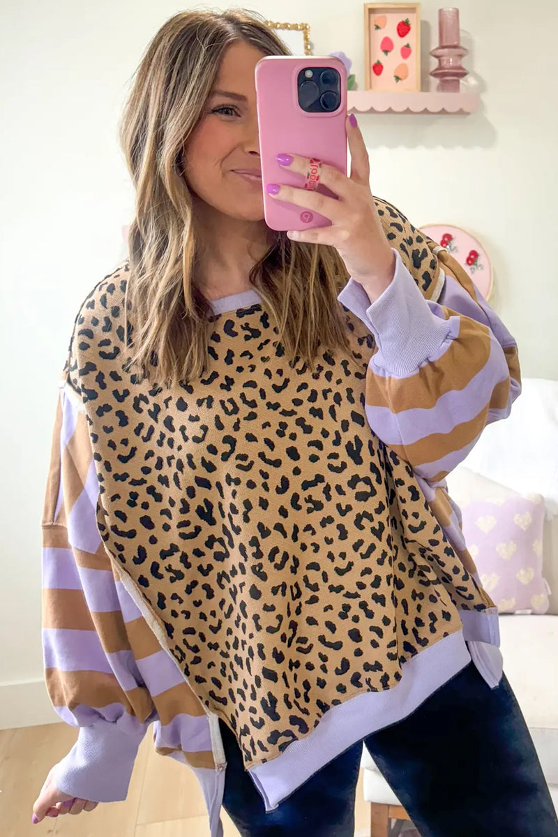 Purple Striped Leopard Colorblock Side Slits Sweatshirt