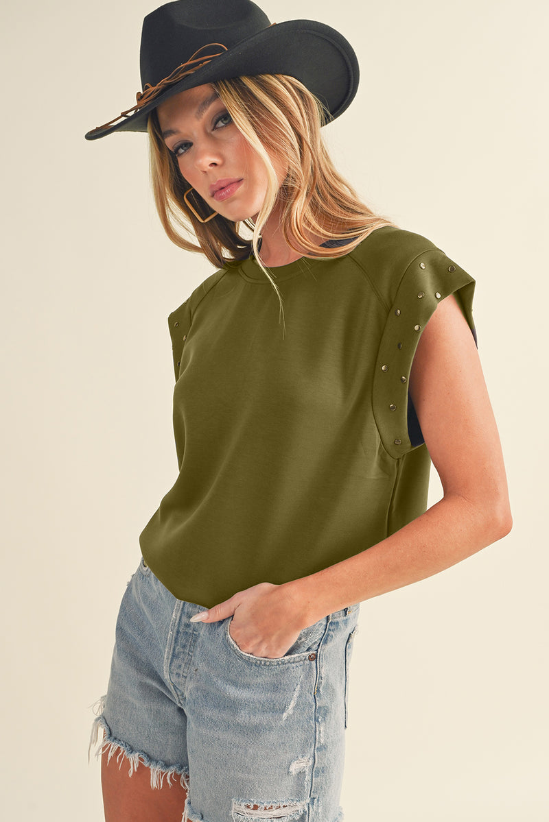 Black Casual Rivet Round Neck T Shirt