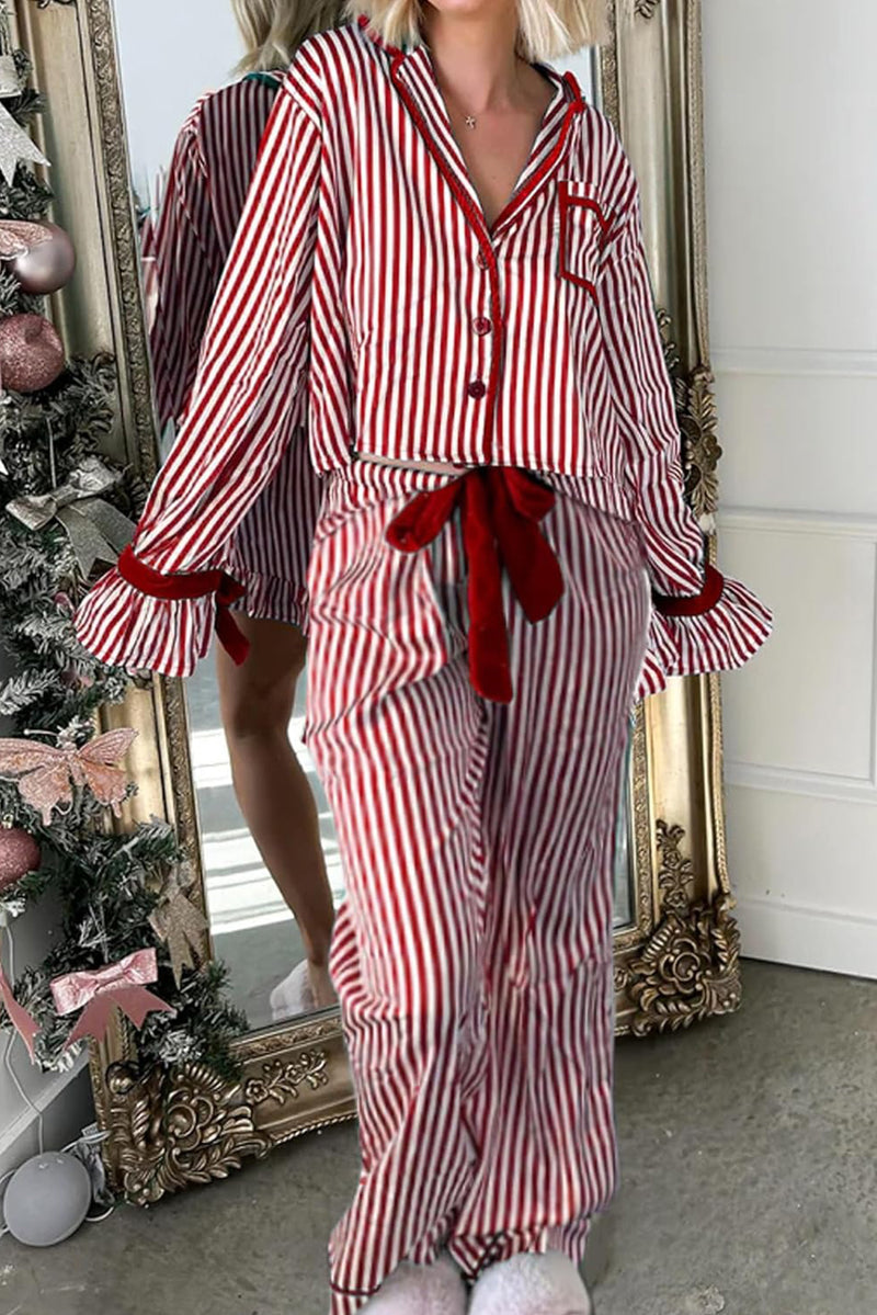 Red Striped Contrast Velvet Trim Knot Waist Pajama Set