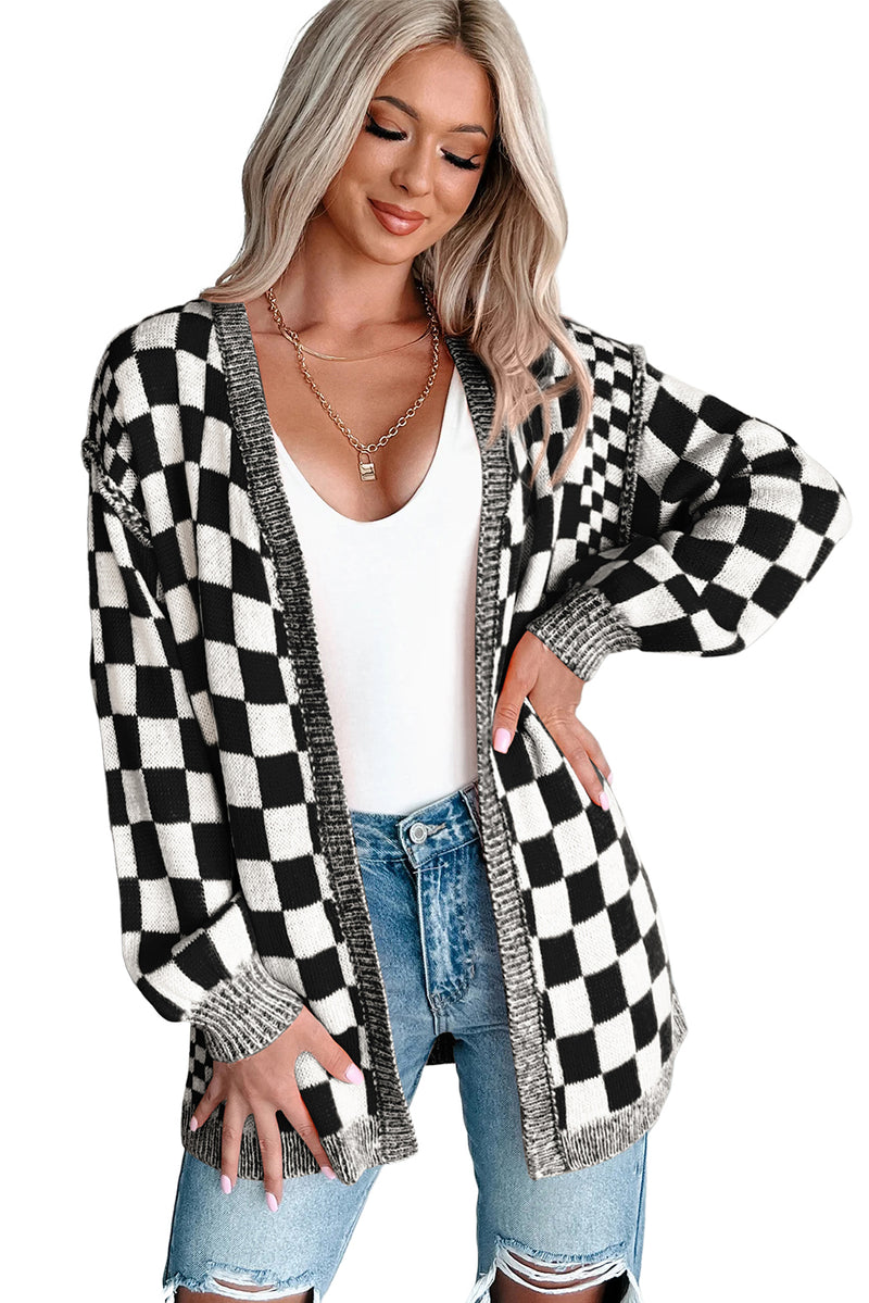 Brown Checkered Open Front Drop Shoulder Cardigan