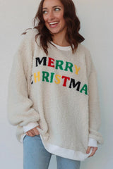 White MERRY CHRISTMAS Cozy Sherpa Pullover Sweatshirt
