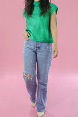Bright Green Solid Color Metallic Knit High Neck Short Sleeve Sweater