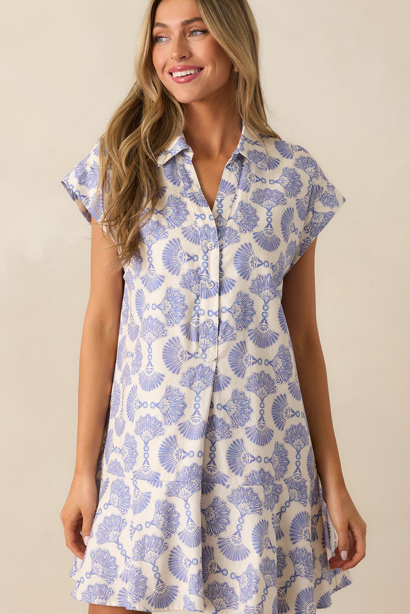 Sky Blue Abstract Print Collared Mini Dress