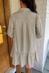 Black Striped Shirt Collar Ruffle Hem Long Sleeve Dress