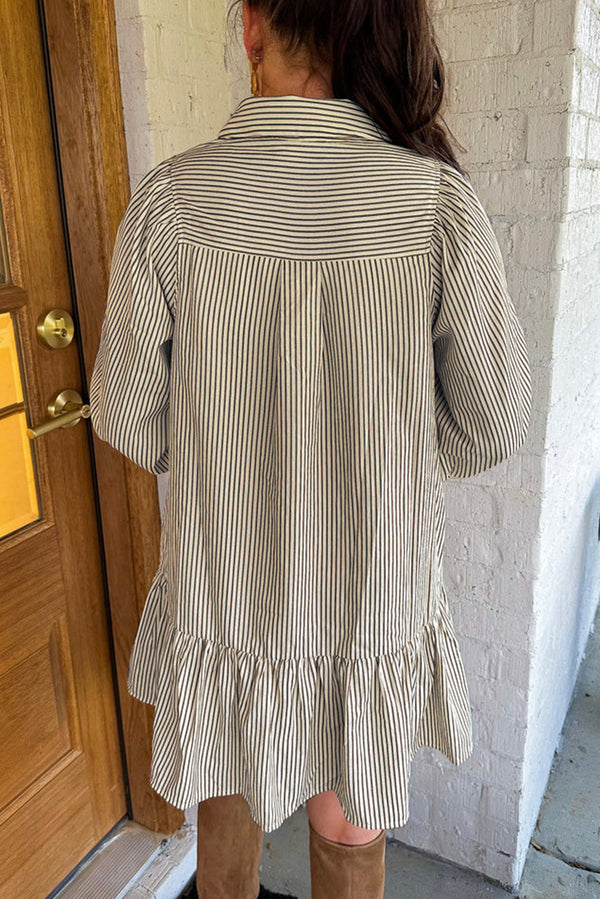 Black Striped Shirt Collar Ruffle Hem Long Sleeve Dress