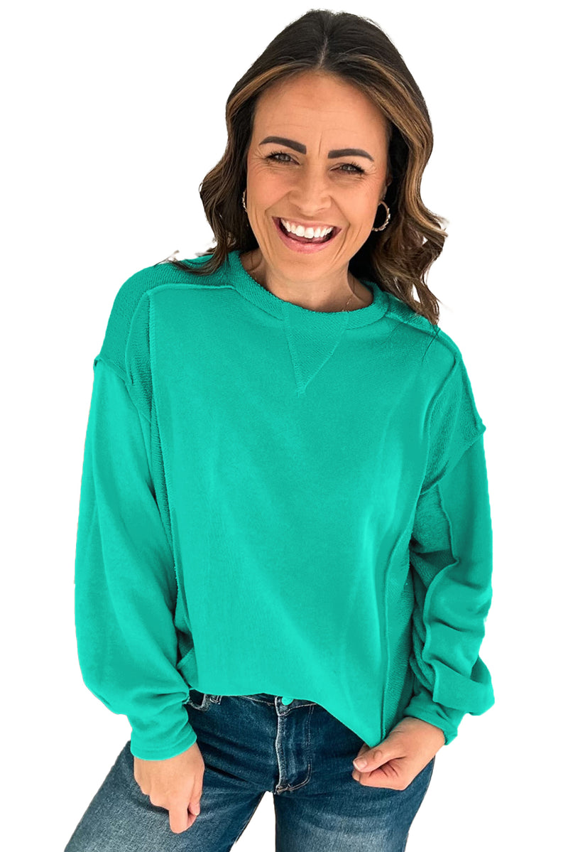 Beige Plain Exposed Seam Round Neck Pullover Sweatshirt
